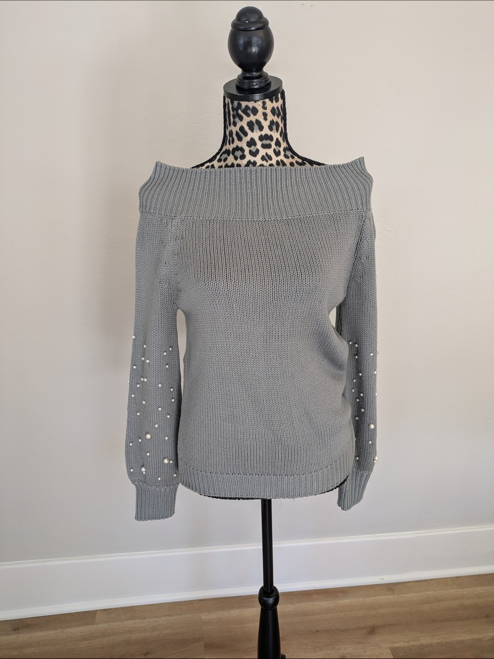 Off-Shoulder Gray Pearl-Accent Sweater